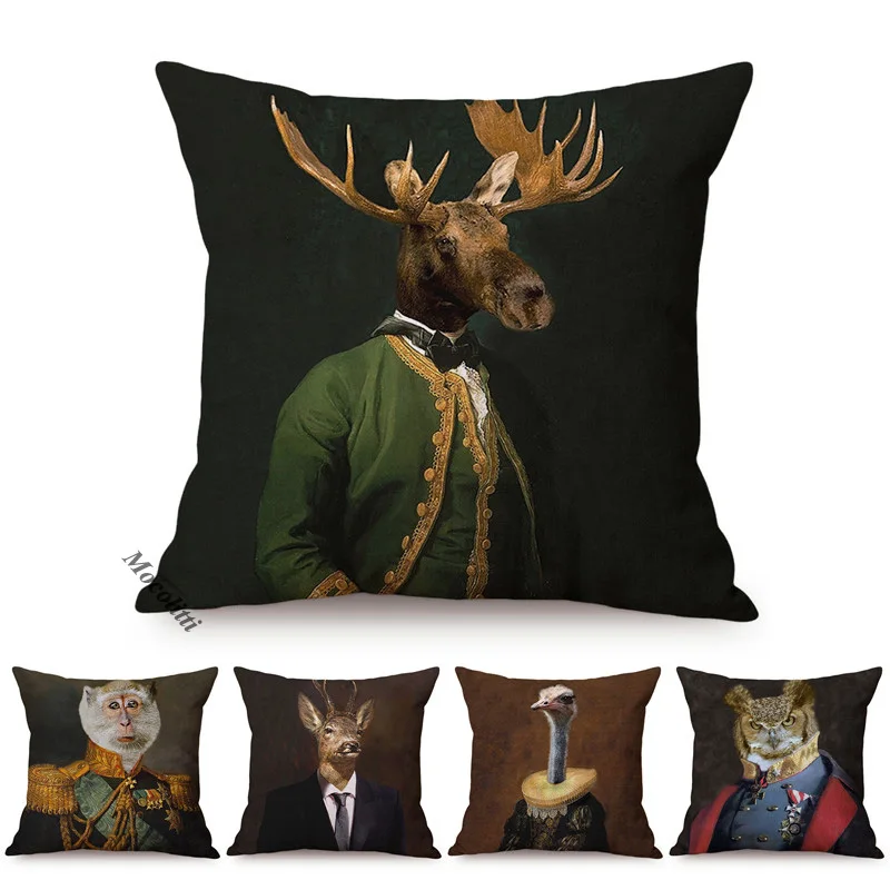 Europe Art Posters Style Decorative Cushion Cover Deer Giraffe Owl Ostrich Funky Animal Vintage Portrait Sofa Throw Pillow Case