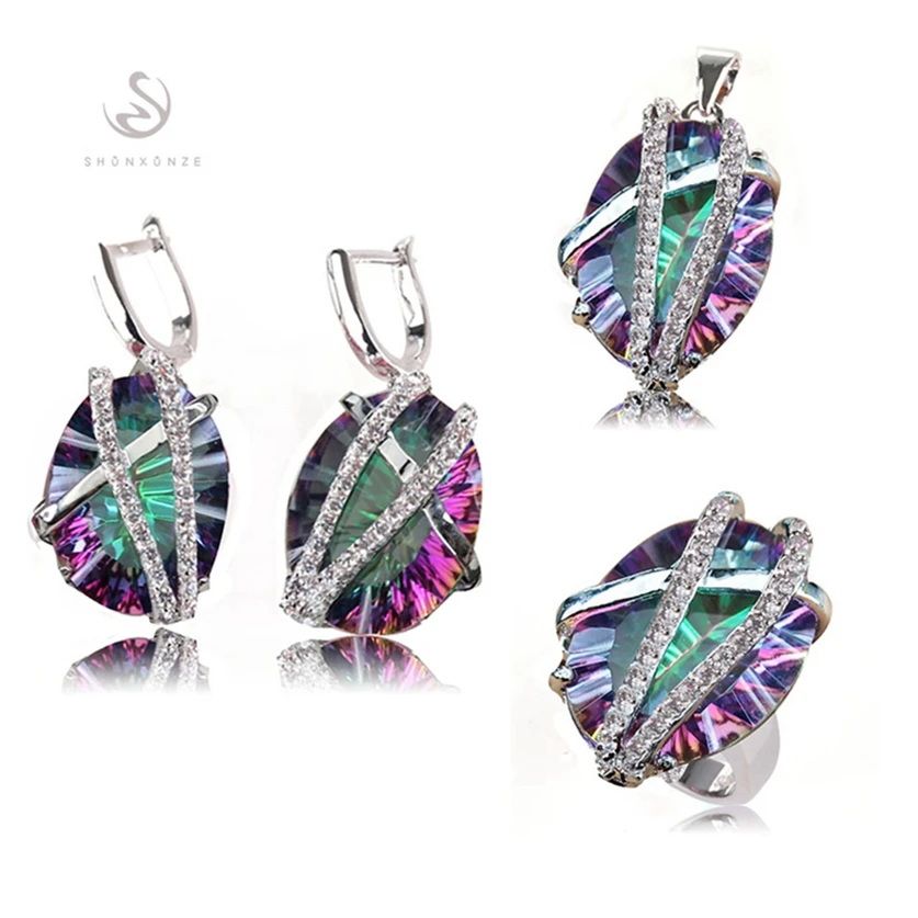 

Fleure Esme wedding jewelry sets(ring/earring/pendant) Pink Rainbow Olive Cubic Zirconia Rhodium Plated R525set R528set R3312set