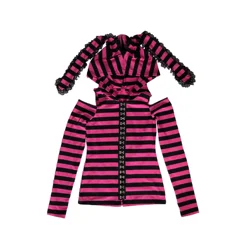 Japan Harajuku Pink Black Striped Hoodies Long Sleeve Long Bunny Ears Hole Sweatshirt Sweet Kawaii Punk Zip-up Open Stitch Shirt