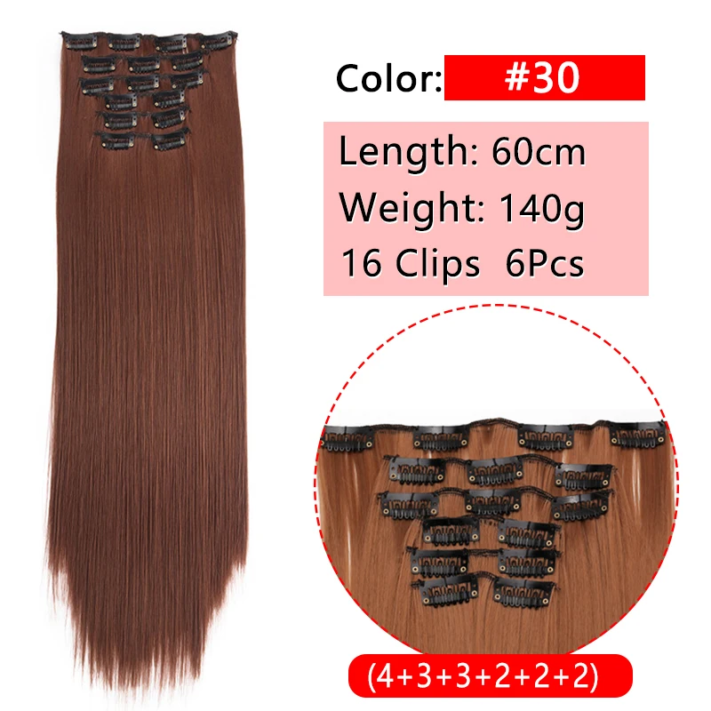 Long Straight Natural Black 16 Clip In Hair Extension 6 Pcs/Set 16 Clips 22 Inch Synthetic Hair Piece For Women 140G Lihui