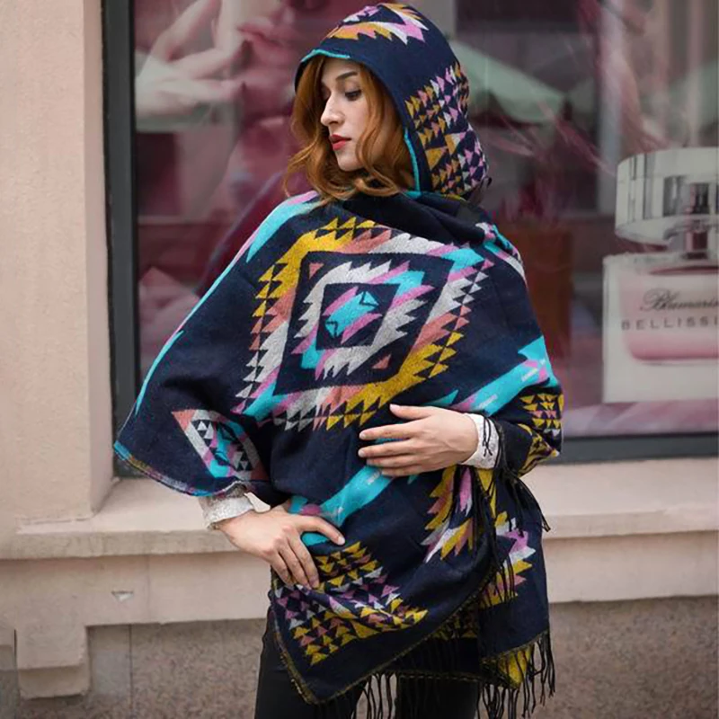 

Ethnic Multifunction Bohemian Shawl Scarf Tribal Fringe Hoodies Striped Cardigans Blankets Cape Shawl Poncho with Tassel capes