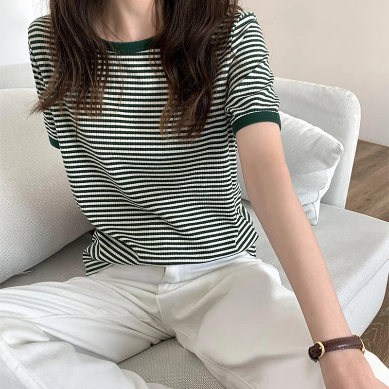 T Shirt For Women 2023 Tops Mujer Striped Short Sleeve Summer Korean Fashion T-shirts Casual O Neck Tshirts Tee Shirt Femme Top