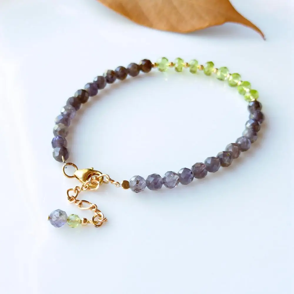 Lii Ji Genuine Natural Blue Iolite Peridot Bracelet 14K Gold Filled Delicate Bracelet  17.5-19.5cm For Women Girl  Jewelry