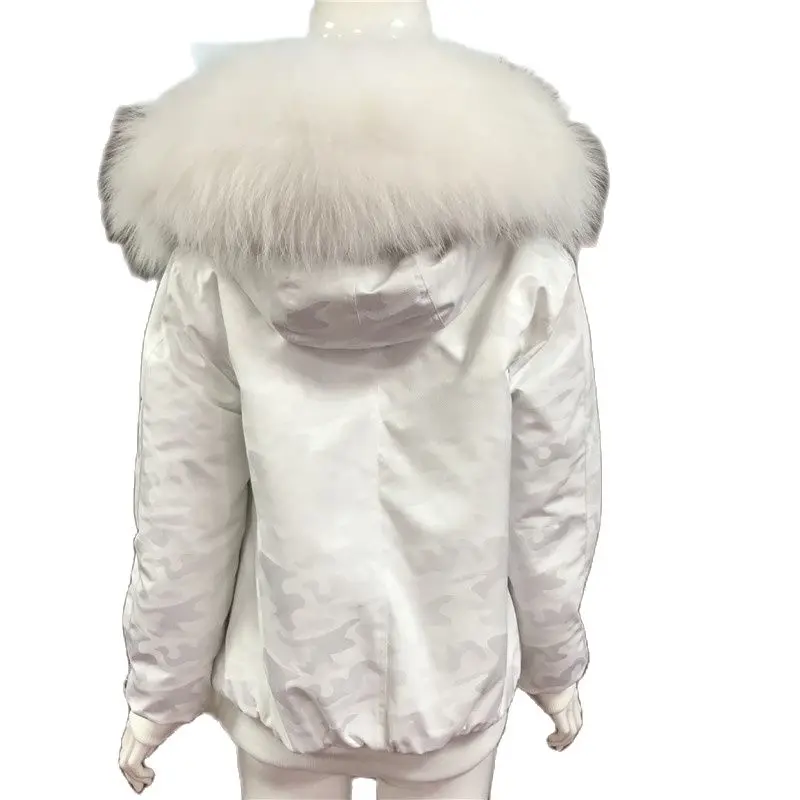 Uniforme de béisbol blanco de camuflaje, chaqueta de piel sintética para mujer, Cuello de piel de mapache Real, S-4XL extraíble