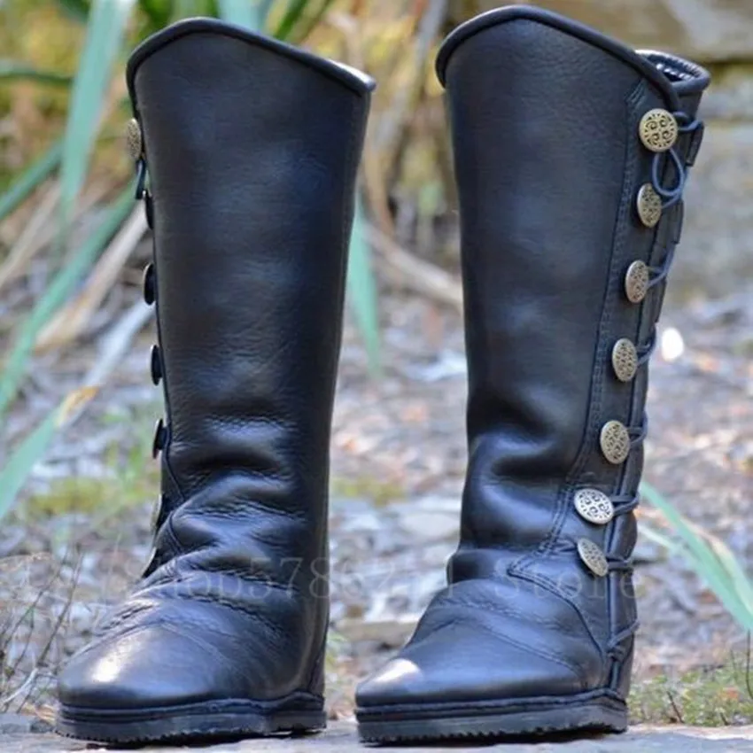 Medieval Retro Women Zipper PU Leather Viking Pirate Boots Retro Botton Men Knight Hunter Carnival Party Cosplay Shoes Steampunk