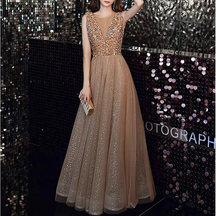 

Champagne Gold Prom Dresses V-Neck A-Line Sequined Beaded Sleeveless Shiny Luxury Wedding Guests Evening Bridesmaid Gowns 2024