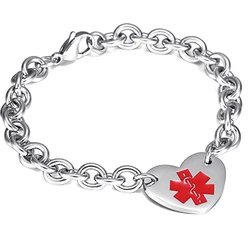 Stainless Steel Engraved Medical Alert Heart Link Chain Bracelet Medic ID Bracelet Monitoring Awareness for Women Men Emergency