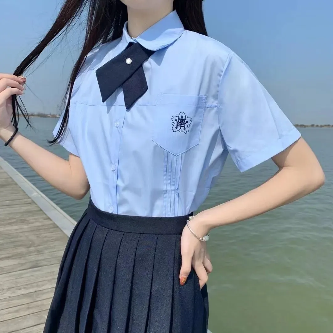 Jk uniforme colarinho de verão curto mangas compridas camisa japonês coreano escola vestidos para menina estudante bonito bordado topos senhora blusa