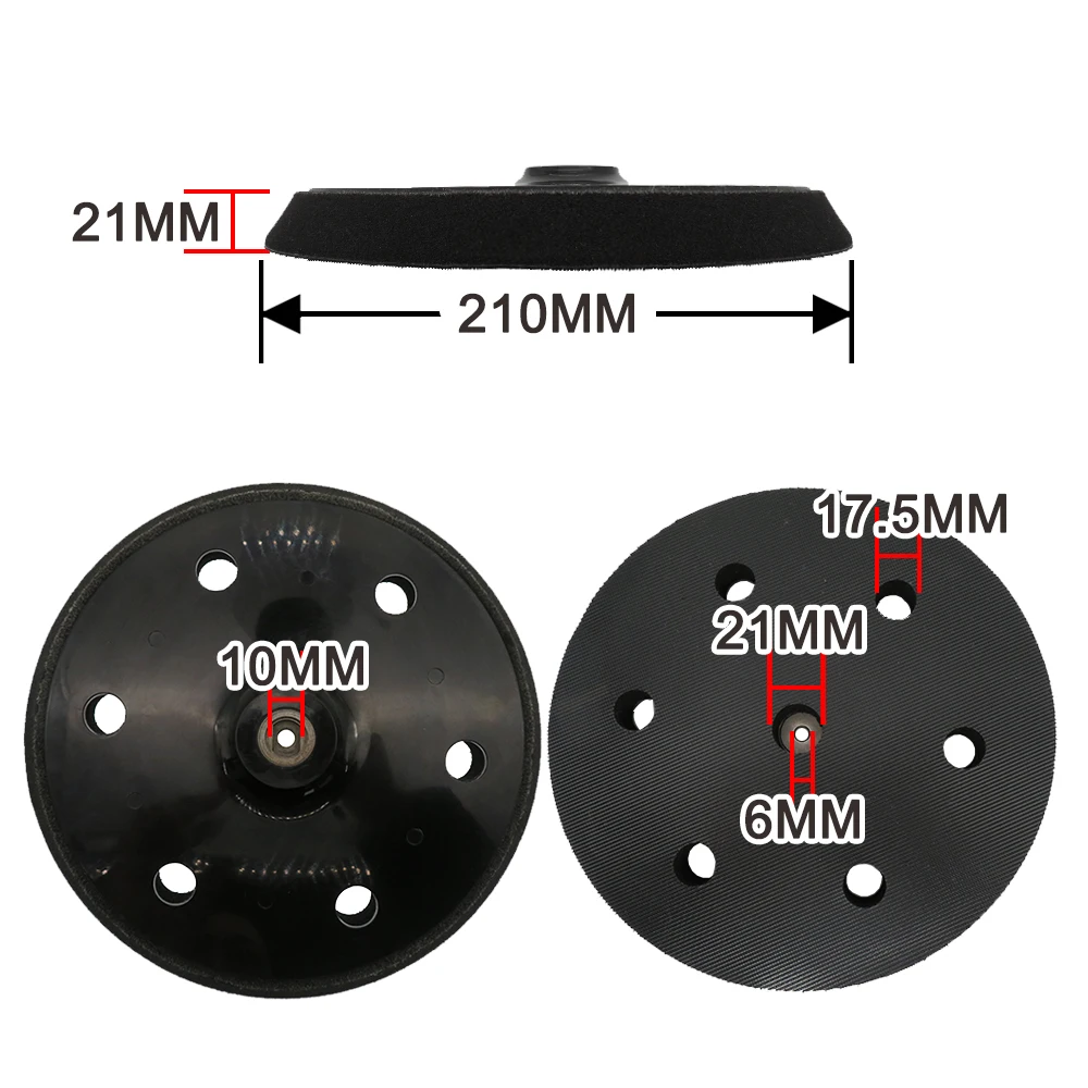 Almofada de lixamento para gancho e laço, ferramentas elétricas abrasivas, disco de lixamento, placa de apoio, 6 furos, 9 ", 210 mm