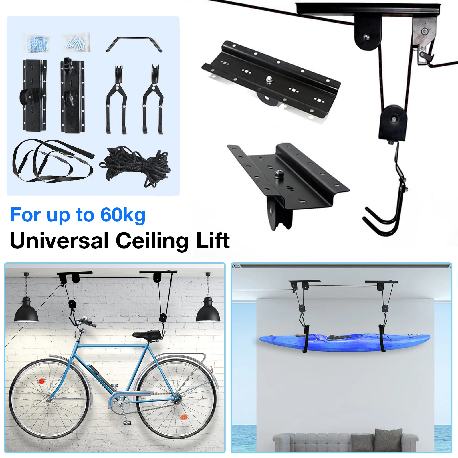 Universal Ceiling Mounted Hoist Storage Garage Hanger Lift For Up To 60kg Durable Practical Bicycle Accessories