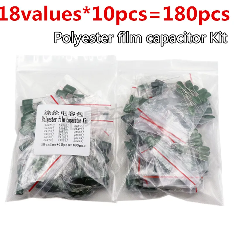 18values*10pcs=180pcs Polyester film capacitor Kit Polyester capacitor 2A104J 2A332J 2A472J 2A103J 2A333J 2A473J 2A563J 2A223J