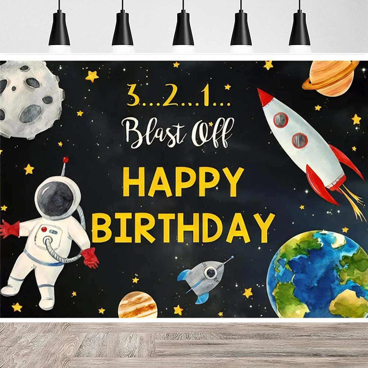 Cartoon Space Rocket Birthday Party Backdrop Blast Theme Outer Astronaut Planet Galaxy Baby Boy Shower Photography Background