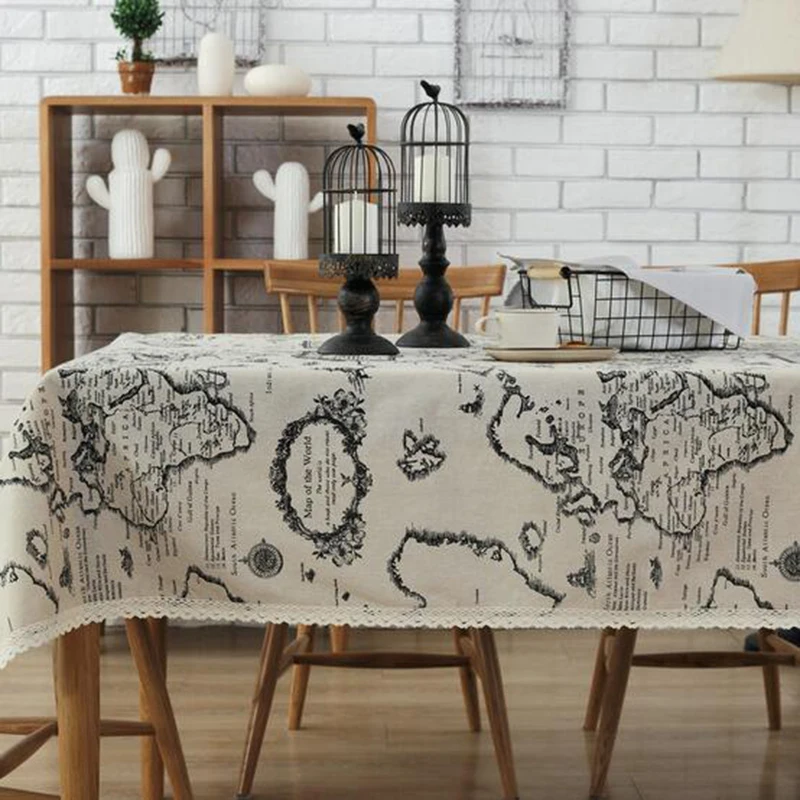 Map Tablecloth European style Linen Cotton Functional Table Cloth for Home Hotel Picnic Party Tablecloths Rectangular