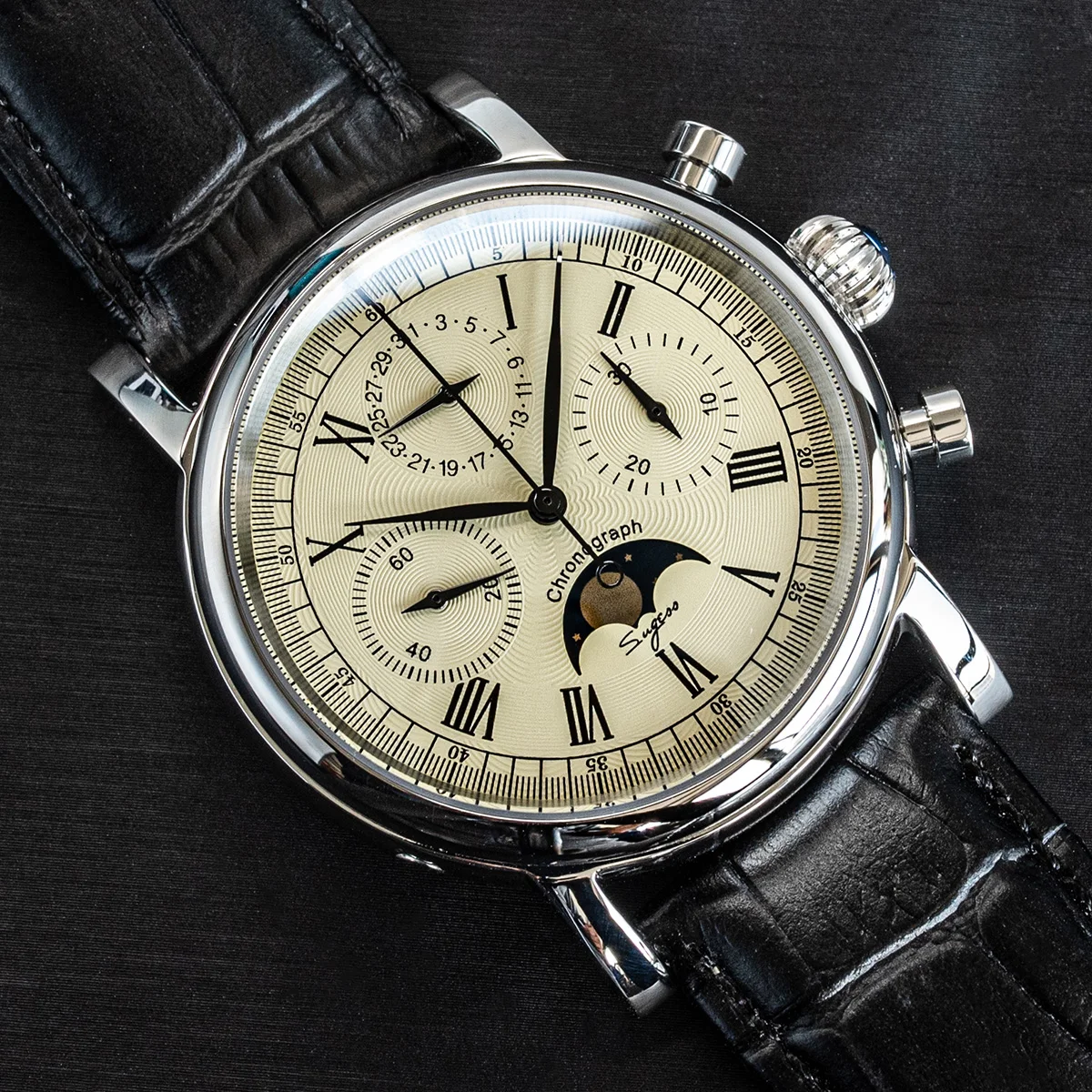 Sugess Pilot Chronograph Mechanical Watches Men Waterproof Original ST1908 Movement Moon Phase Calendar Wristwatch Swanneck 2022