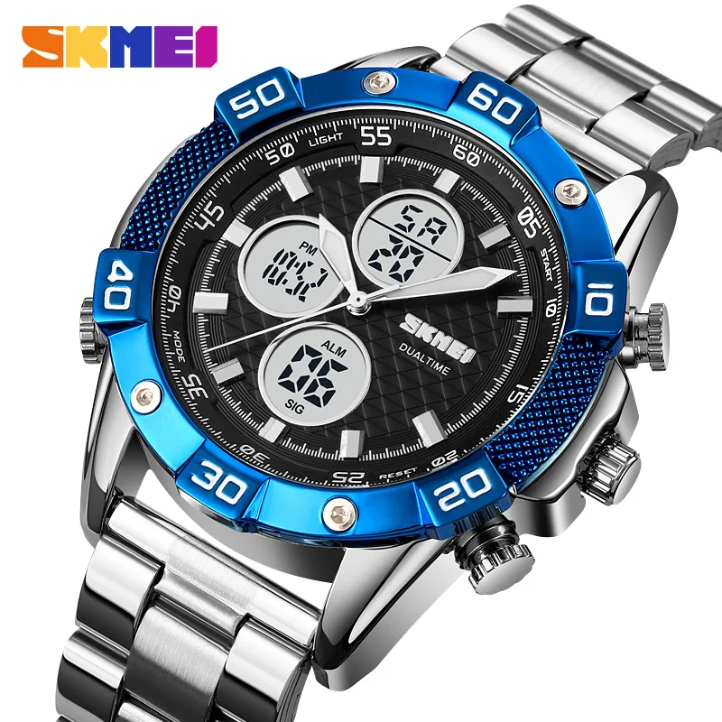 

Fashion Stainless Steel Men's Watches Business Luxury Dual Time Digital Watch Chrono Luminous Wristwatch Man Brand SKMEI Hour