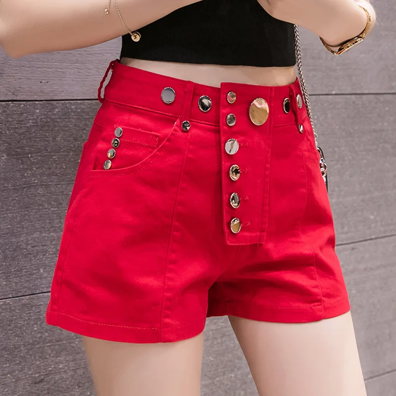 Irregular buttons red denim shorts female Korean elastic hot short trousers fashion summer 2024 new shorts for women