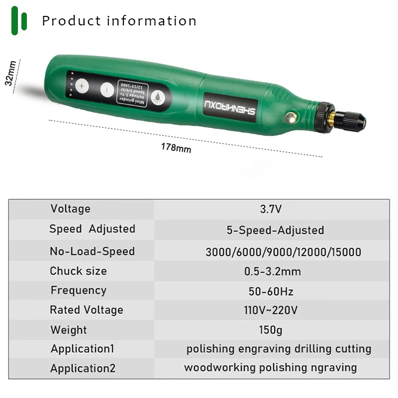 Juego de amoladora eléctrica inalámbrica, taladro rotativo, pluma de tallado de madera para fresado y grabado, Cargador USB de 3,7 V, herramienta eléctrica de luz LED