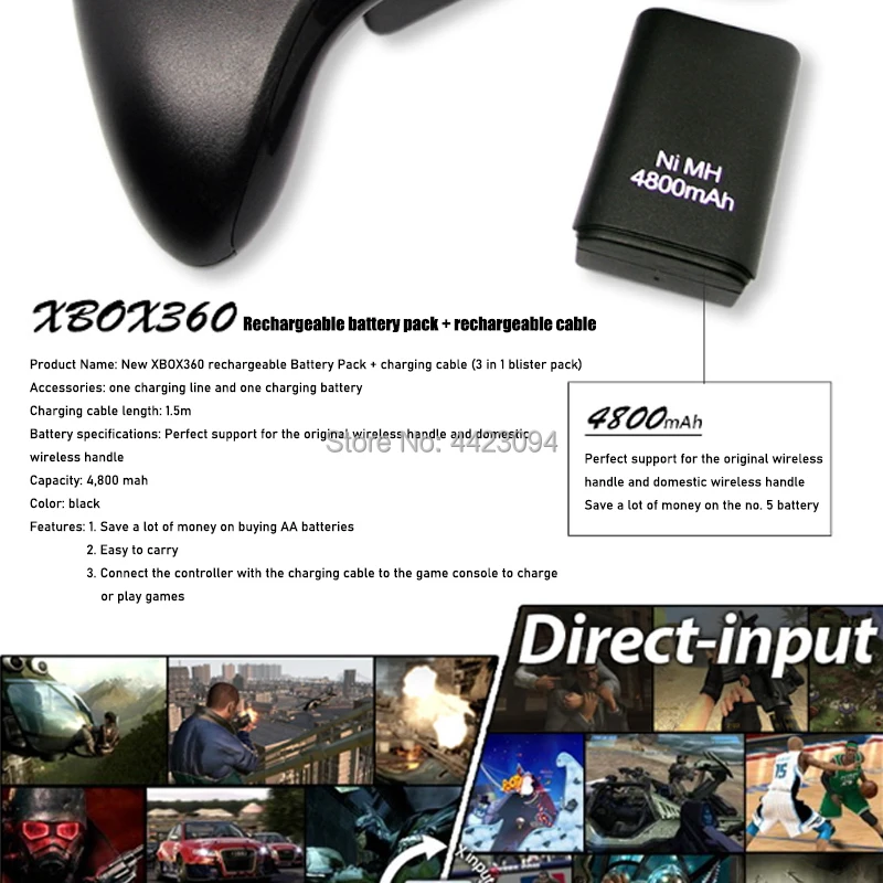 بطارية 4800 مللي أمبير وكابل شحن USB ، لجهاز Xbox 360 ، وحدة تحكم لاسلكية/سلكية ، حزمة بطارية قابلة لإعادة الشحن