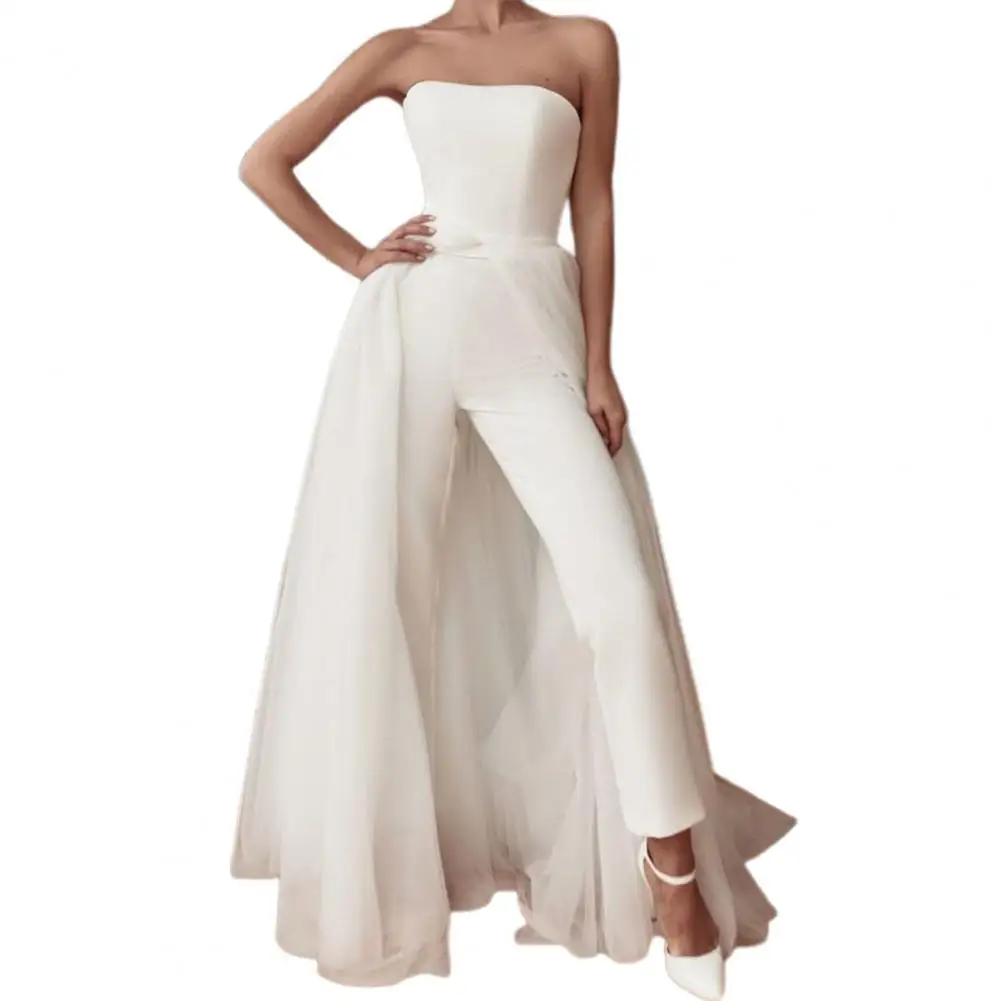 

Stylish White Backless Tulle Jumpsuit Women Sexy Strapless Jumpsuit Solid Color Slim Asymmetry Sleeveless Bodysuit 2021 Summer