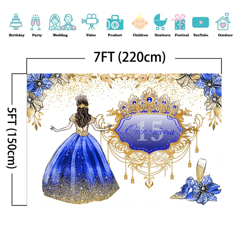 Quinceanera księżniczka tło złota brokatowa słodka 15. Dziewczyna zdjęcie urodzinowe na przyjęcie do tortu tabeli rekwizyty do dekoracji dostosuj tło