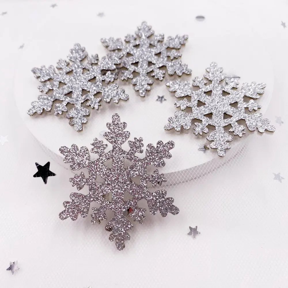 20pcs 40mm Glitter Christmas Snowflakes Composite Cloth Appliques Patches Baby\'s Bow DIY Craft Making E30