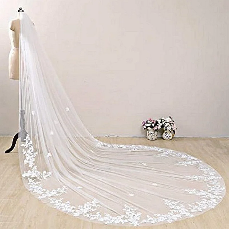 Real Photo 3m 4m 5m One Layer Wedding Veil With Comb White Lace Edge Bridal Veils Ivory Appliqued Cathedral Wedding WED VEIL