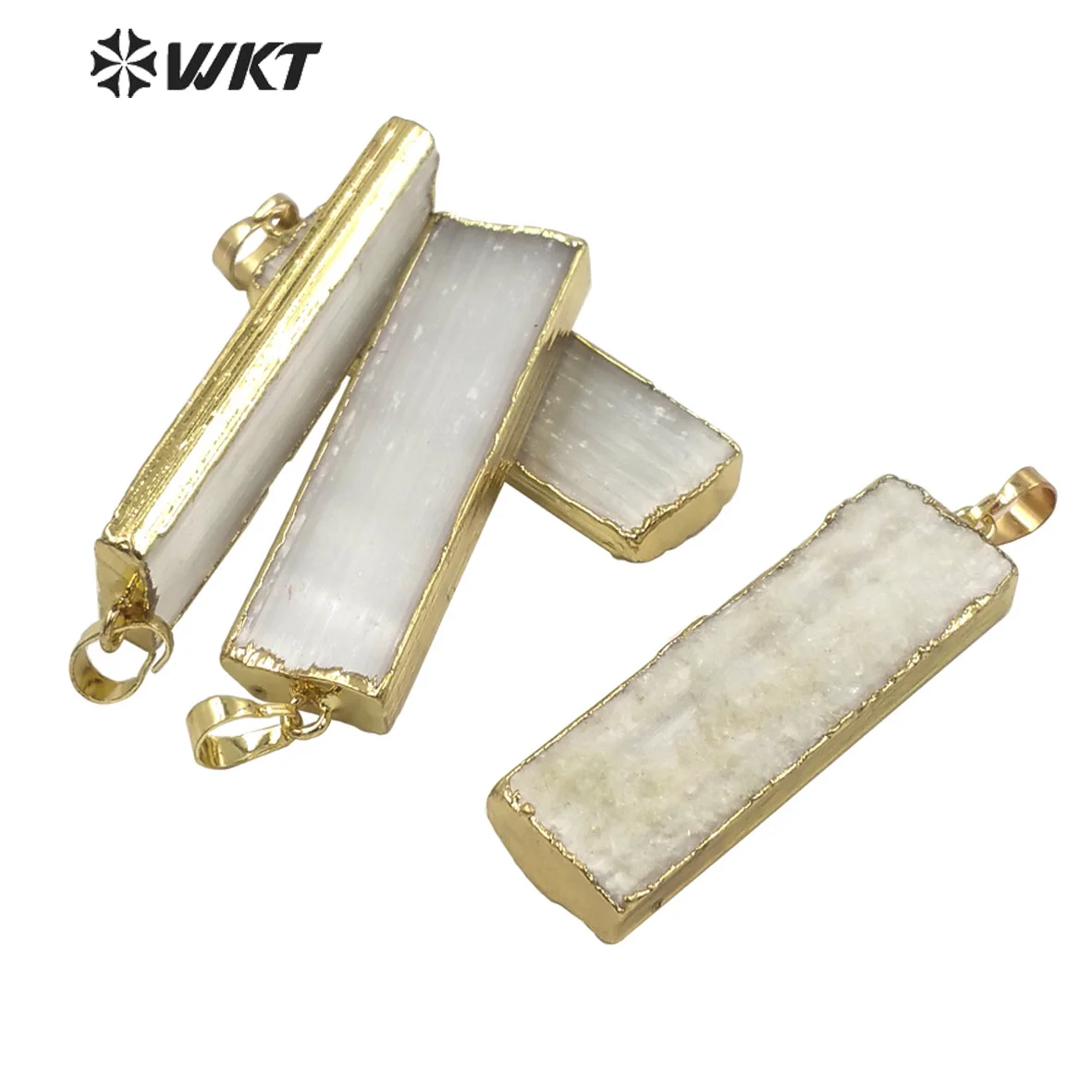 WT-P1641 Wholesale hot natural long square gold trim raw selenite stone pendant for jewelry necklace design white stone