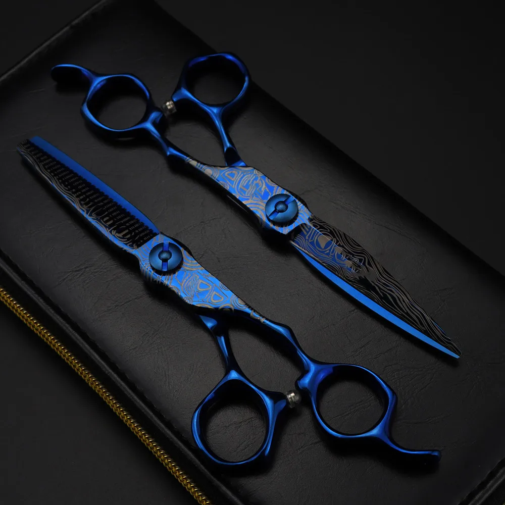 Professional 6 '' Upscale scissor Blue Damascus hair scissors haircut thinning barber tools cutting shears Hairdressing scissors