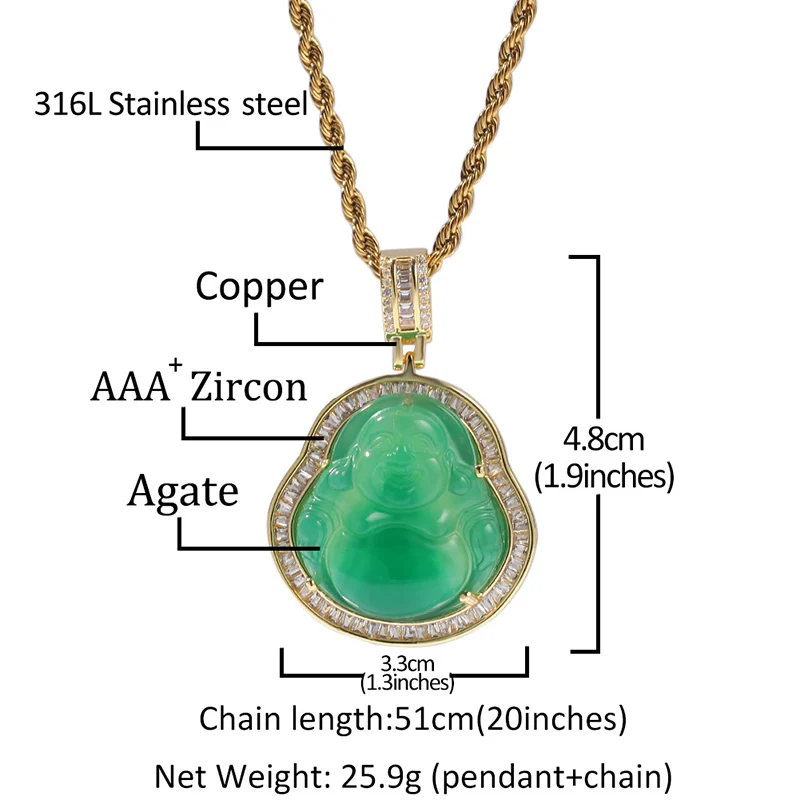 Hip Hop 3A+ CZ Stone Bling Iced Out Opal Laughing Buddha Maitreya Pendants Necklaces for Women Men Unisex Fashion Charm Jewelry