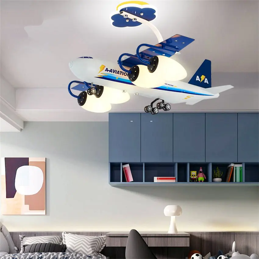 Cartoon blue white aircraft pendant lights bedroom children's room lamps living room study decorated metal E14 hanging lighting