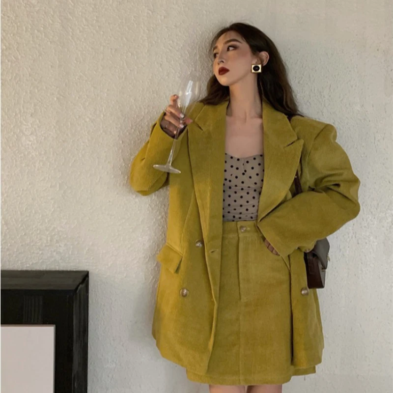 Vintage French Style Loose Women Blazer Double Breasted Casual Female Suit Coat Turn Down Collar Outerwear With Pockets