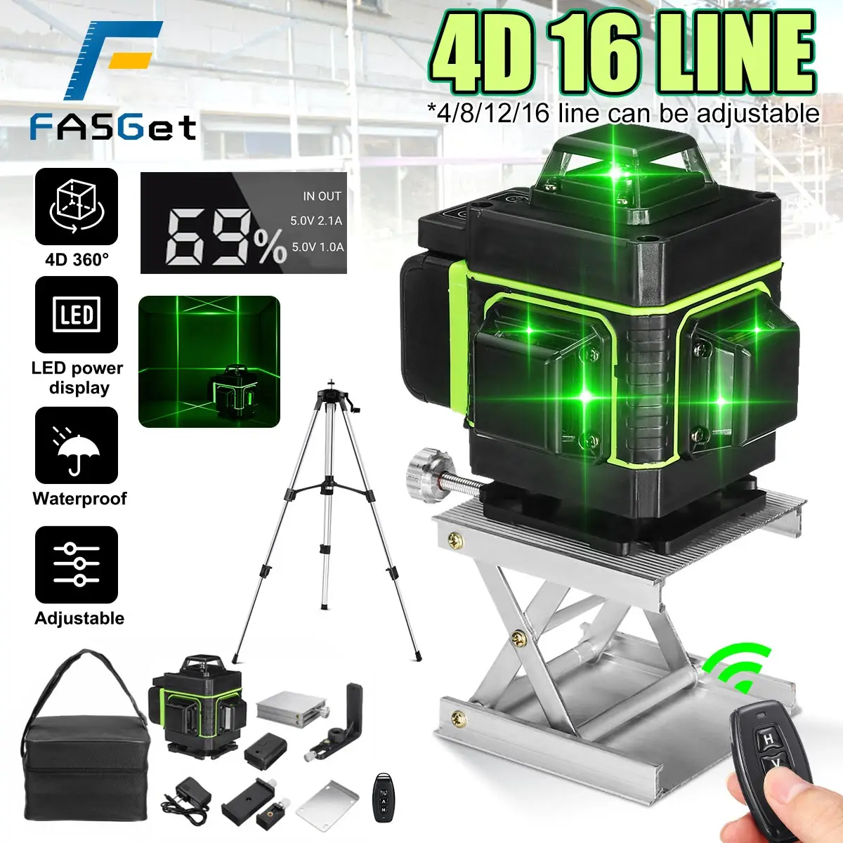 FASGet 4D 16 Lines Green Laser Levels 360 Horizontal &Vertical Cross Lines With Auto Self-Leveling super powerful Laser Beam