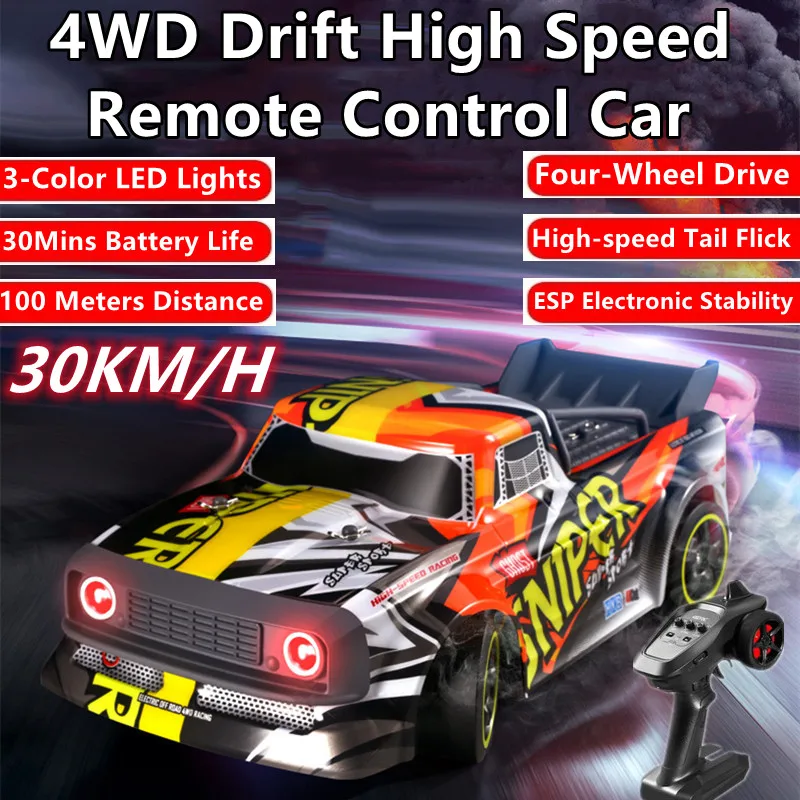 

4WD Drift High Speed Remote Control Car 30KM/H 30Mins ESP Stability System 3-Color LED Light Crashworthy Body RC Racing Car Toy