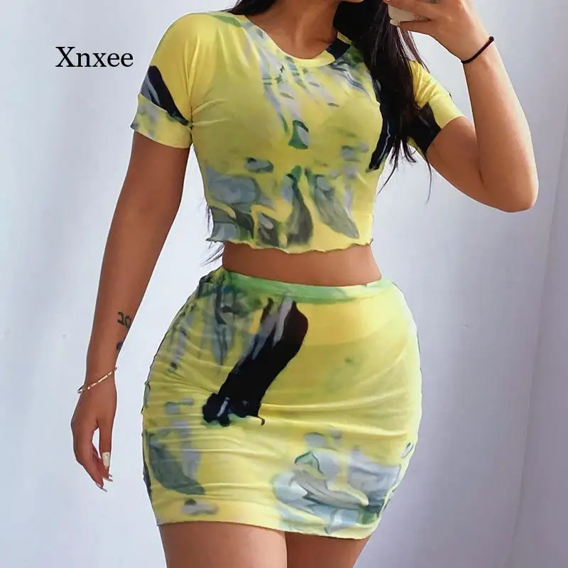 

2021 Summer New Sexy Sports Printed Two-Piece Suit European and American Fashion Short-Sleeved Casual Bag Hip Skirt Suit