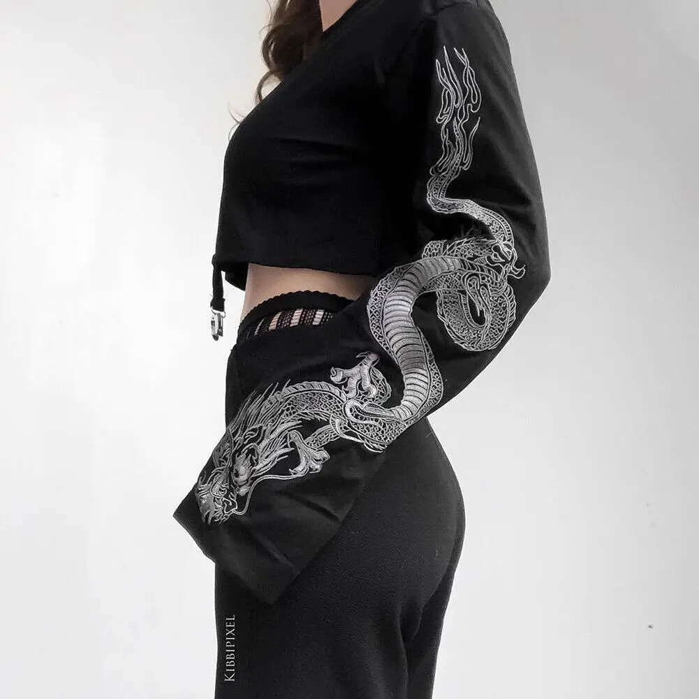 Gothic Punk Cool Girl Dragon Pattern T Shirts Long Sleeve Suspenders Women T-Shirt Crew Neck Black Crop Top Autumn Pullover