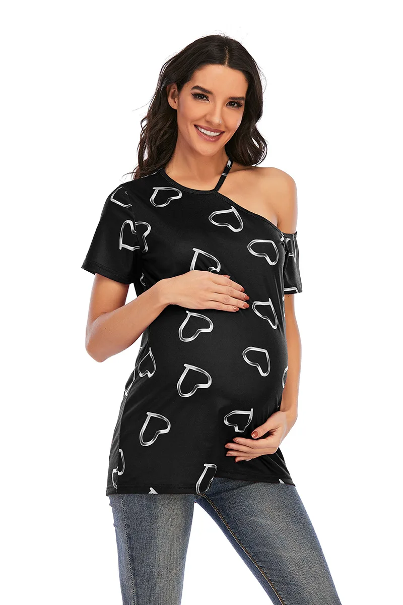 European And American Women's Clothing Love Pattern Pregnant Women Short Sleeves Plus Size Maternity Off-Shoulder T-Shirt