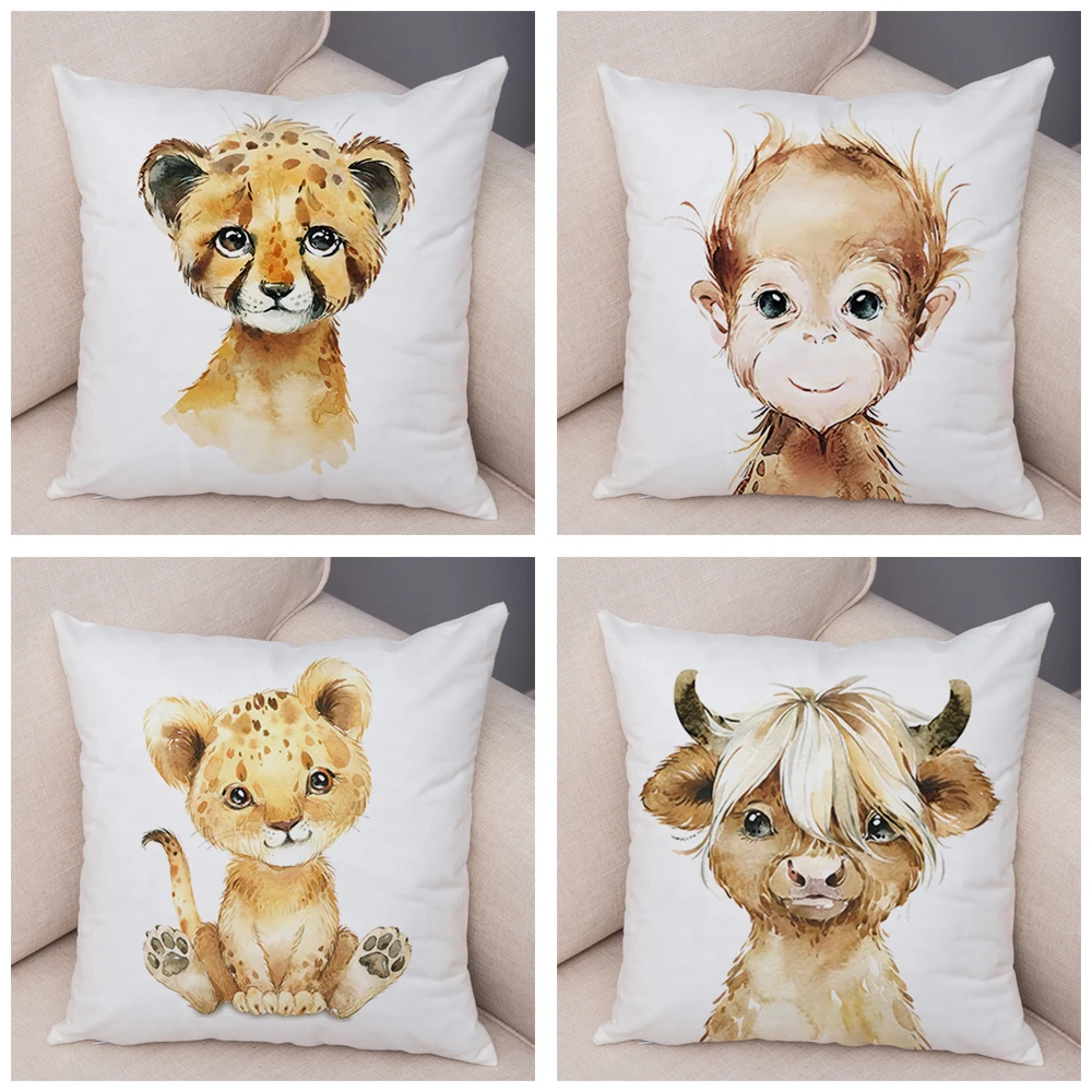 Watercolor Cute Animal Cushion Cover for Sofa Home Decor Zebra Giraffe Hippo Monkey Lion Fox Pillow Case Soft Plush Pillowcase