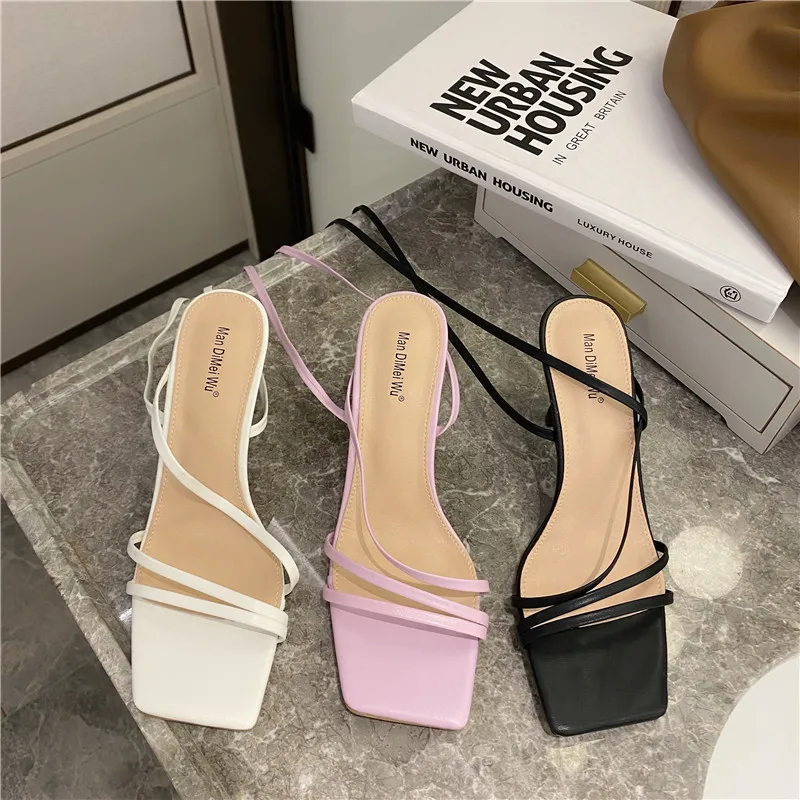 Summer Sweet Women White Purple High Heels Sandals Designer Open Toe Low Heels Lace Up Sandals Cinderella Wedding Shoes