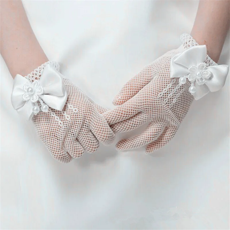 Girls Wedding Party Gloves Children Ceremony Ornament Accessories Princess Gloves Elastic Mesh Bowknot Pearl Performance Mittens