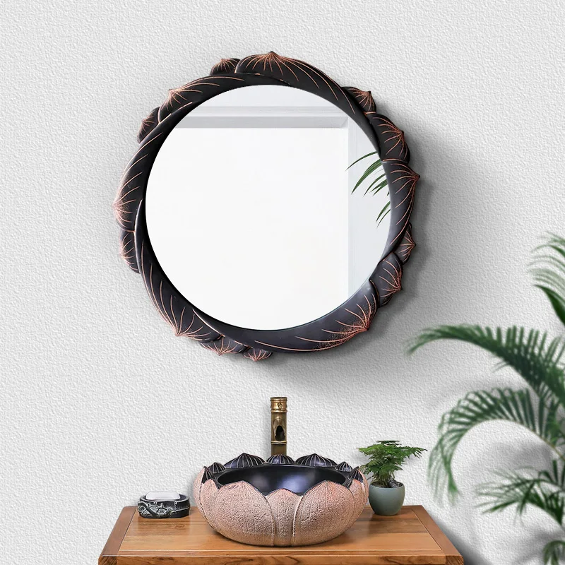 Chinese Bathroom Mirror Zen Lotus Wall Hanging Toilet Dressing Washstand Wall-Mounted Makeup Creative Art Decoration