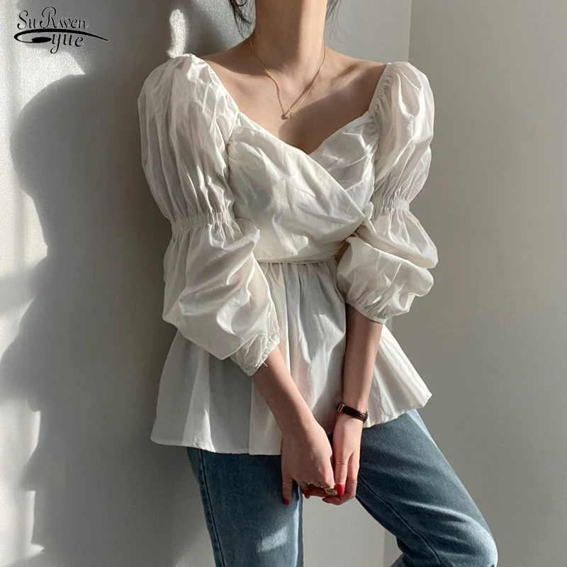 

Autumn 2021 New Chic V-neck Long Sleeve Shirts Tops Elegant Puff Sleeve Women Blouses Solid Casual Cotton Blusas Femme 16366