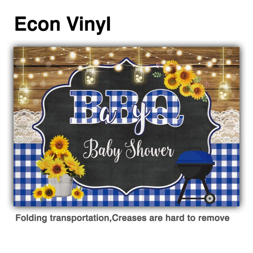 Funnytree Baby Shower Blue Boy Lattice BBQ Wood Background Lights Sunflower Cart Event Newborn Birthday Photo Shoot Backdrop