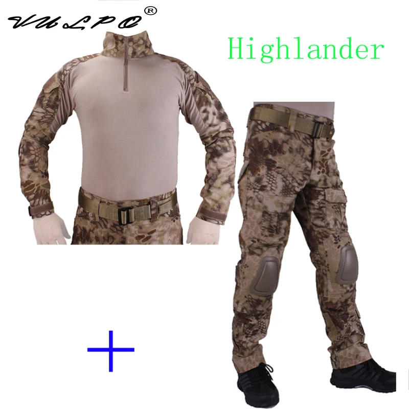 

VULPO Hunting Camouflage BDU Highlander Combat Uniform Shirt Met Broek En Elbow & KneePads Militaire Ghilliekostuum