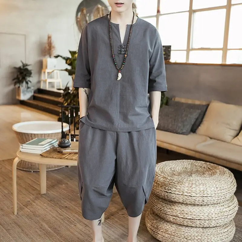 Sinicism Store Solid White Summer Tracksuit Men 2020 Mens Linen Shorts Suit Sets Male Fashion Casual Chinese Style 2 Piece Sets