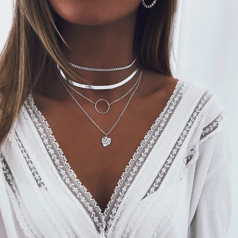 Tenande Vintage Mehrschichtige Party-Schmuckketten mit Blättern, Sternen, Hamsa-Hand und Mond für Damen - Trendige Bijouterie – Detail 12