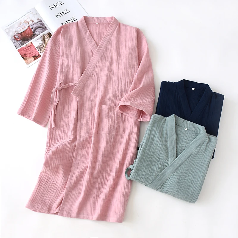 Batas informales de verano para mujer y hombre, pijamas de gasa crepé de algodón, Kimono suelto, albornoz de primavera, ropa de dormir para el hogar, camisón