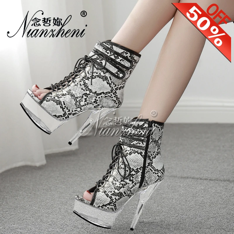 

New Pole Dancing Snake Print Lace Up Crystal Platform Thick Low tube Ankle Boots 6 inches heeled shoes 15cm Fashion Stripper Alt