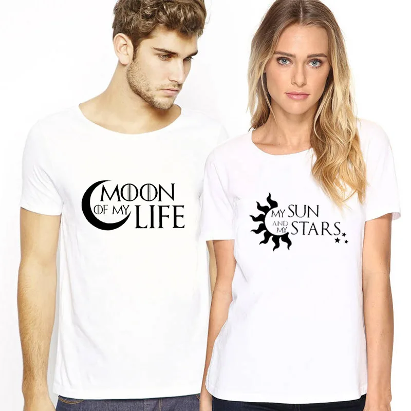 Sun and Moon Letter Couple Tee Top Summer Short Sleeve Lover T-shirt Moon Life Sun Stars Unisex T Shirts Harajuku Woman Top