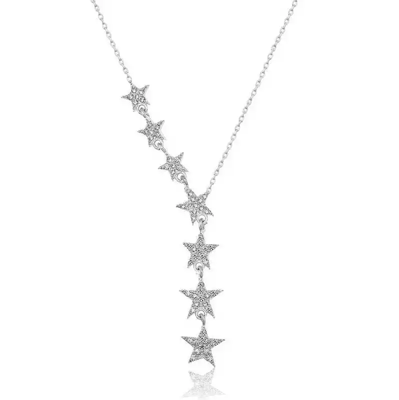 Silver Shooting Stars Lady Necklace Zircon Stone 925 Sterling Women Fine Jewelry Wedding Party Birthday Gift - Box - for Stone - Pendant - Chain Choker - Female - Ladies - Fashion