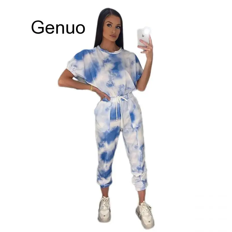 Summer Tracksuits Two Piece Set Women Tie Dye Printed O-neck Short Sleeve T-shirt High Waist Pant Lounge Sets  Oversize